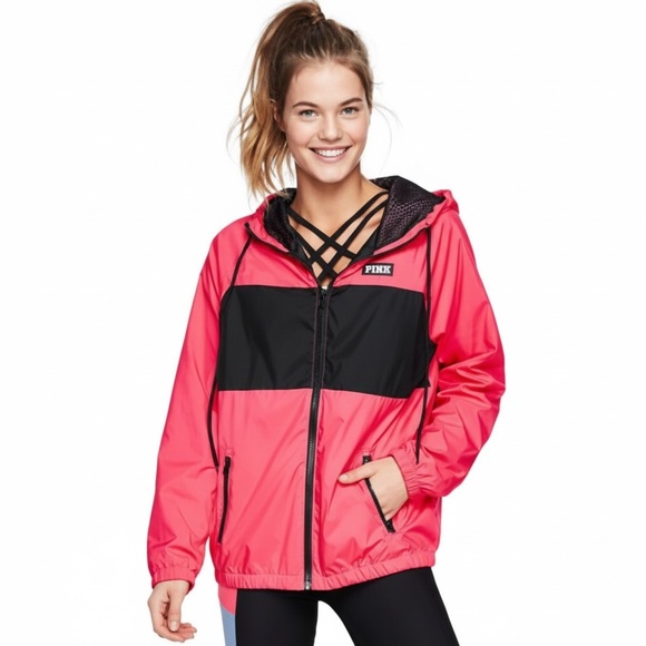PINK Victoria's Secret Jackets & Blazers - PINK Victoria's Secret Bright Pink and Black Raincoat (oversized)